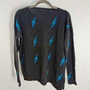 Skull Cashmere Asymmetric Gray and Blue Lightning Bolt 100% Cashmere Sweater